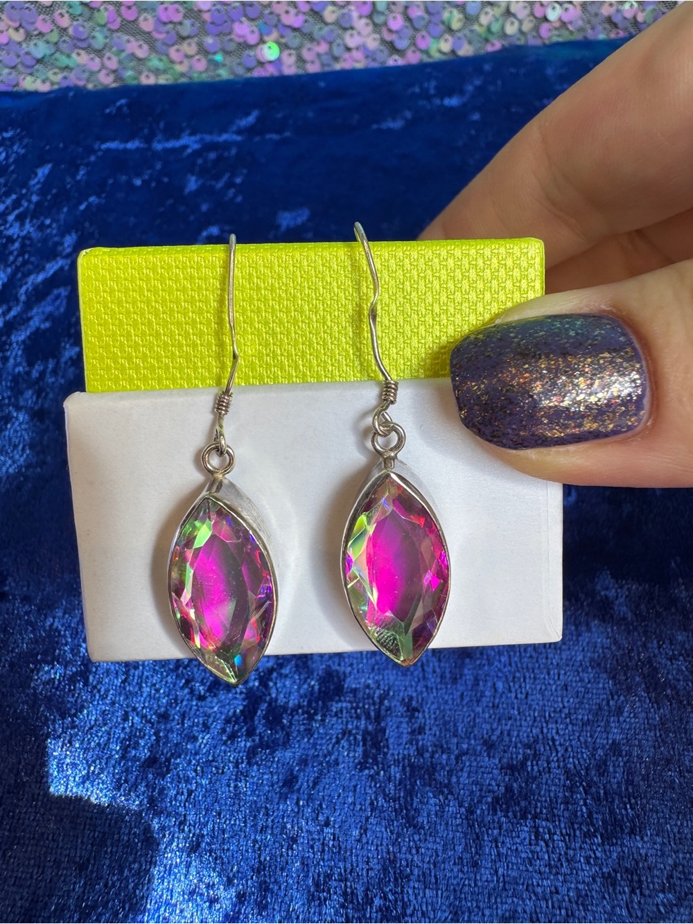 Sterling Silver 925 Angle Aura Crystal Quartz Marquise Dangle Earrings